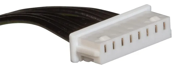 Close-up of an eight-way wire-to-board cable with a white crimp housing