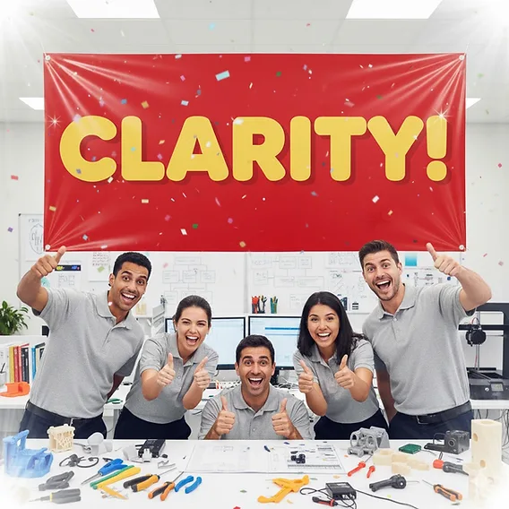 A team of engineers giving thumbs up in a workshop under a large red banner reading clarity