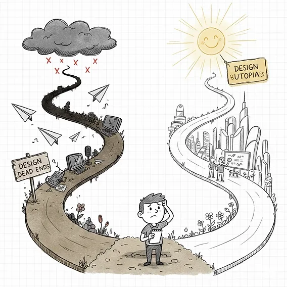 Illustration of an engineer at a fork in the road: one path leads through broken prototypes to a sign reading design dead ends, the other leads to a sunny city labelled design utopia
