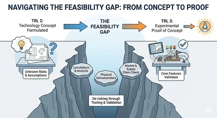 Illustration of the feasibility gap between TRL 2, a formulated technology concept, and TRL 3, an experimental proof of concept. Calculations, physical demonstrators and supply chain checks bridge the gap.