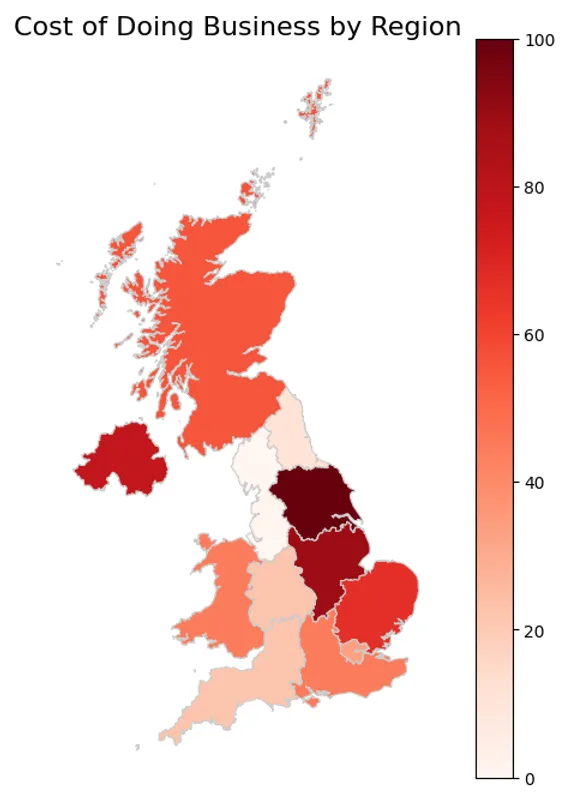 Map of the UK shaded by the share of firms reporting the cost of doing business as a barrier, highest in Yorkshire and the Humber