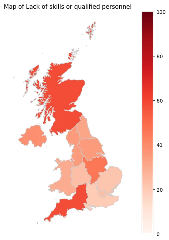 Map of the UK shaded by the share of firms reporting a lack of skills or qualified personnel, highest in Scotland and the South West